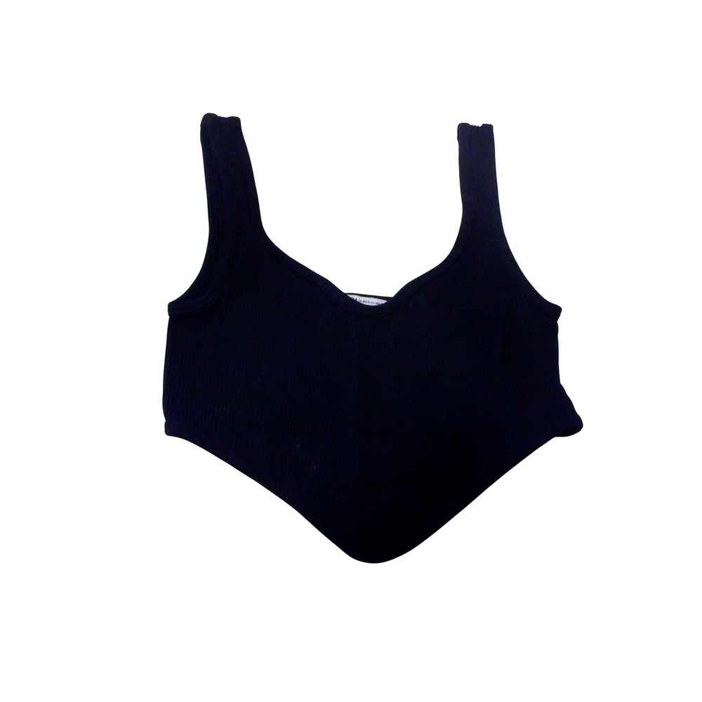 Zara Black Ribbed Knit V-Neck Crop Top Pointed Handkerchief Hem Tank size XS